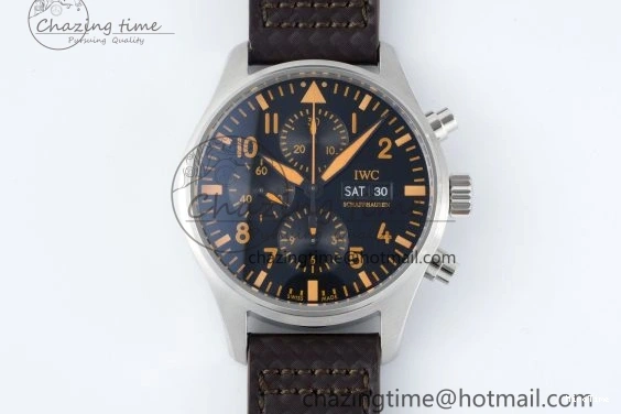 MIROTIME 0126 Pilot Chrono SS AZF 1:1 Best Edition Black Dial Orange Markers on Brown Leather Strap A EasyCare 7065